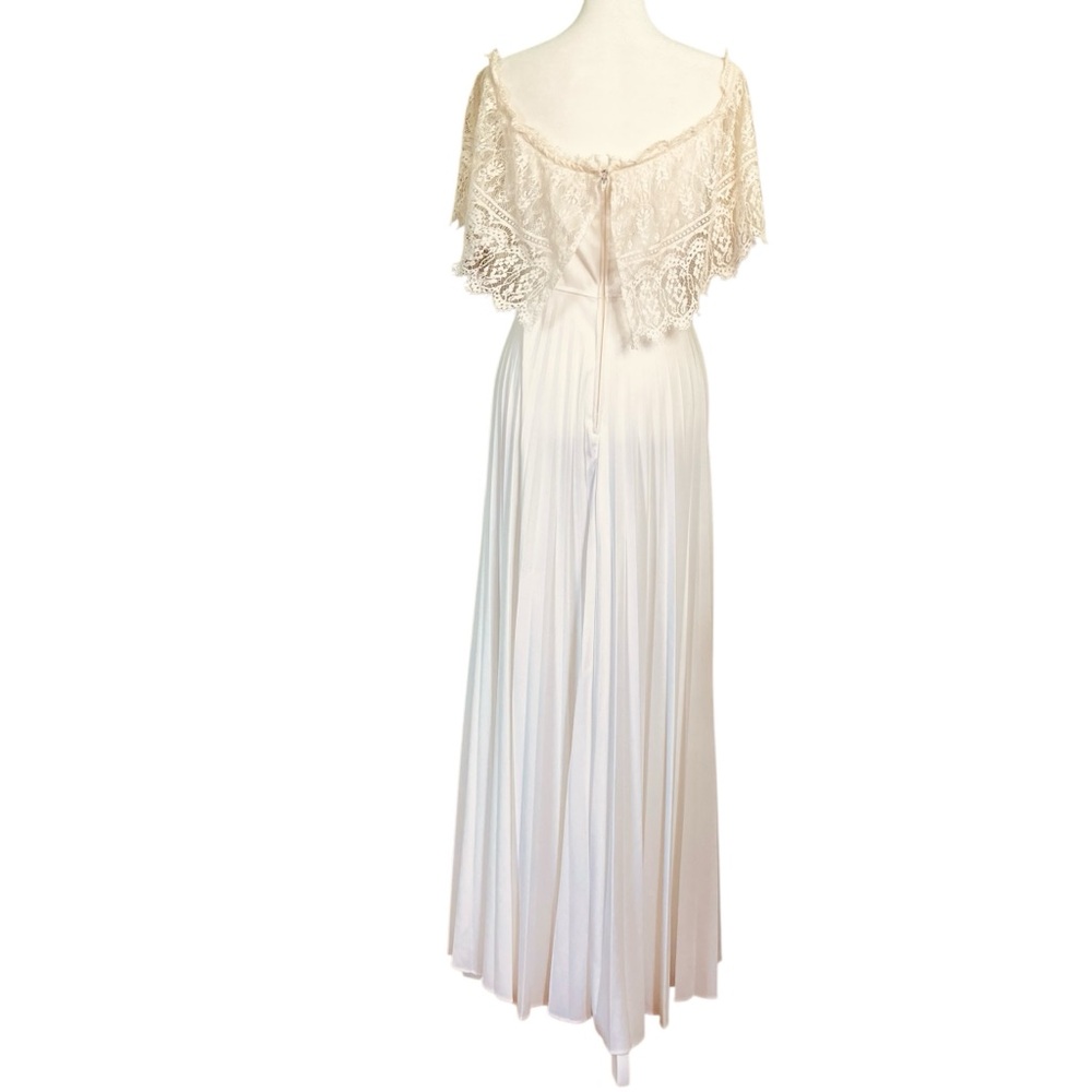 Vintage Pleated Lace Maxi Gown Dress White Cream Empire Waist Cape (Size XS/S) - Picture 2 of 16